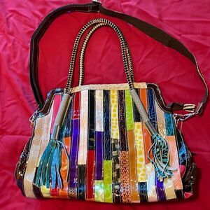 Split-joint Striped Shoulder Sling Leather Bag